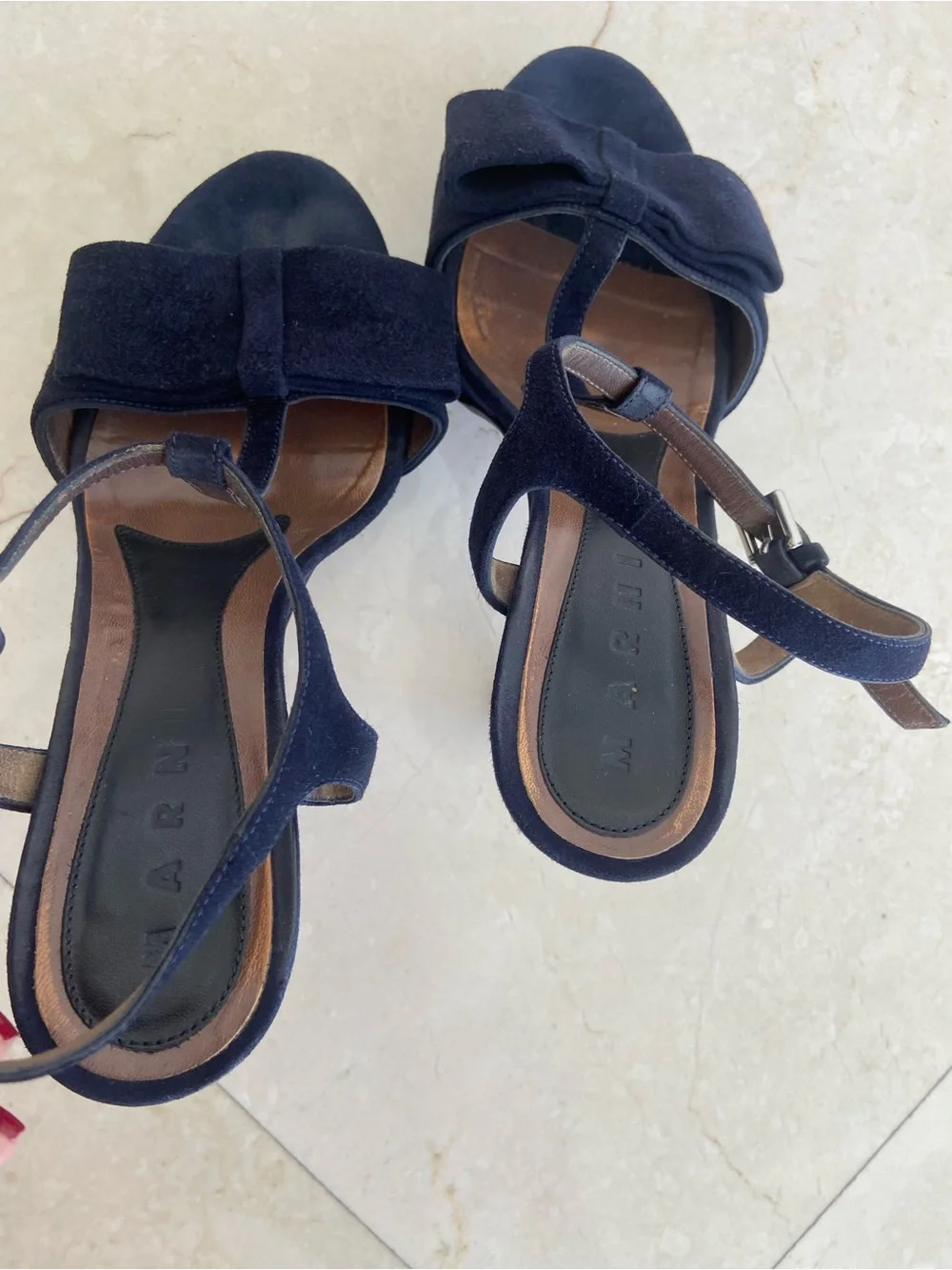 Marni Dark Navy Blue Suede T-Strap Bow Platform Sandals with Dust Bags